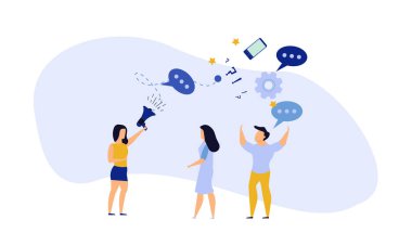 İnsanlar reklamları megafon vektör illüstrasyonuyla duyuruyor. Farkındalık yüksek sesle konuşan erkek ve kadına odaklanıyor. İş afişi pazarlama grubu medyası. Konuşma haberleri tanıtım ağı liderlik posteri