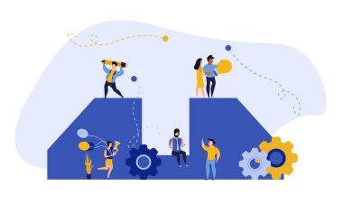 Başarı hedefi kariyer meydan okuma vektörü düz illüstrasyon. İnsanlar yönlerine doğru adım adım yürüyorlar. İş seyahati başarı lideri hırsı. Hedef ilerlemesi performans pankartına tırmanıyor