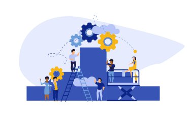 Başarı hedefi kariyer meydan okuma vektörü düz illüstrasyon. İnsanlar yönlerine doğru adım adım yürüyorlar. İş seyahati başarı lideri hırsı. Hedef ilerlemesi performans pankartına tırmanıyor