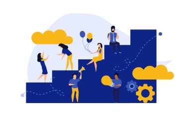 Başarı hedefi kariyer meydan okuma vektörü düz illüstrasyon. İnsanlar yönlerine doğru adım adım yürüyorlar. İş seyahati başarı lideri hırsı. Hedef ilerlemesi performans pankartına tırmanıyor