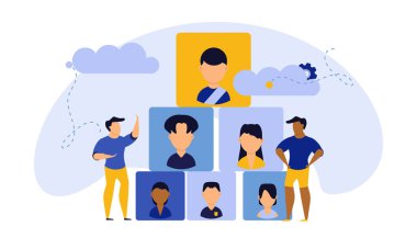 Meslek kariyer başarı ajansı seyirci illüstrasyonu. Müşteri görünümlü şirket seçimi. Banner işçi ve kadın asker arama adayı. Boş işe başla. Yetenek CV ağına devam et.