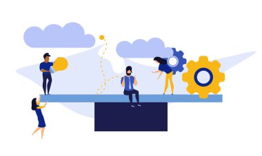 Karşılaştırma çalışanı iş adamları vektör illüstrasyon. Dengesiz ağırlığı savunan kişi. Salıncaktaki kadın ve erkek, fikir tasarımından daha ağır basıyor. Çözüm seçimi insana değer verir. Sorun banner görev takımı