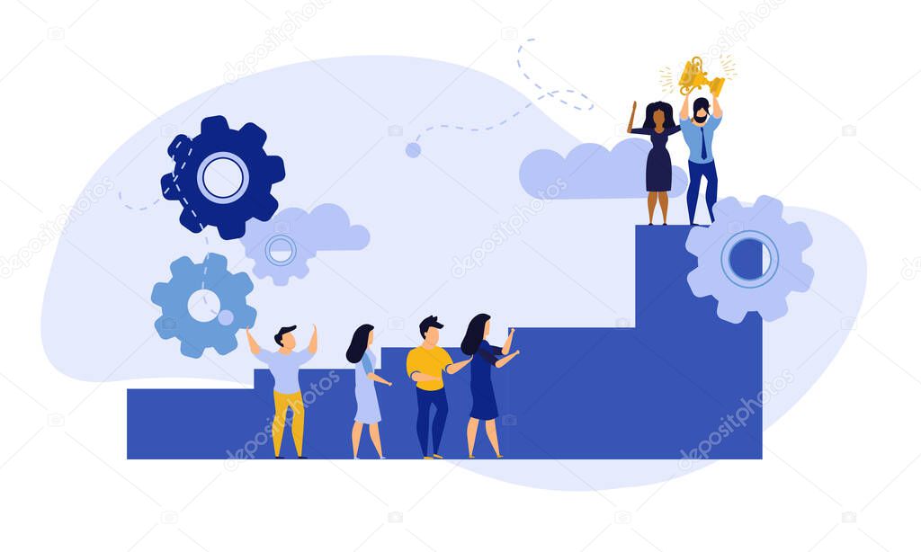 Achievement target career challenge vector flat illustration. Woman kpi walking steps to gold cup. Job journey business success leader ambition. Goal progress up climbing performance banner