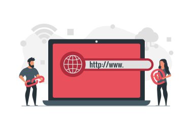 Laptoplu ve insanlı Www konsept vektör çizimi. Bir erkek siteyle bağlantı kuruyor ve bir kadın sembolü buradan alıyor.