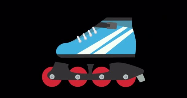 4k pohyb animace modré kolečkové brusle. Ploché sportovní ikona izolované na černém pozadí videa — Stock video