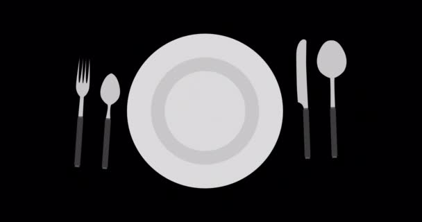 4k motion animation cutlery set. Ikon makanan datar diisolasi pada video latar belakang hitam — Stok Video