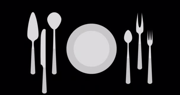 Juego de cubiertos de animación en movimiento 4k. Icono de alimentos planos aislado en video de fondo negro — Vídeos de Stock