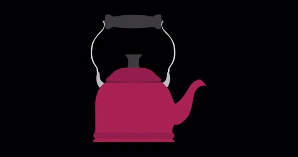 4k анімація руху кухонного чайника. Плоский значок продуктів харчування ізольовано на чорному фоні відео — стокове відео