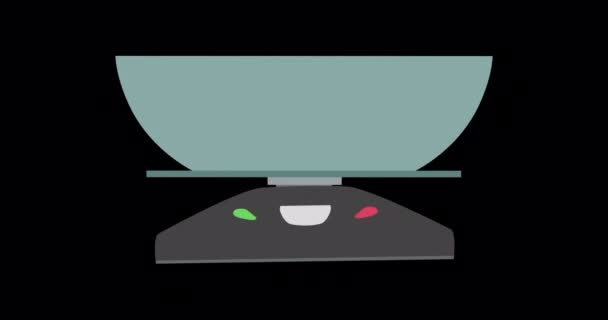 4k Bewegungsanimation von Küchenwaagen. Flache Gegenstände für die Lebensmittelzubereitung auf schwarzem Hintergrund isoliert Video — Stockvideo