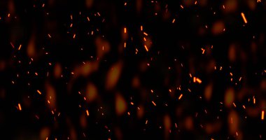 Gerçekçi sürrealist kor ateş tozu yavaşça siyah dumanla yükseliyor. Grunge koyu kıvılcımları izole uçuyor. Kıvılcımlar saçarak yanan küçük bir animasyon oluşturun. Cehennemin yükselen patlaması. Yangın tozu..