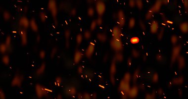 Gerçekçi sürrealist kor ateş tozu yavaşça siyah dumanla yükseliyor. Grunge koyu kıvılcımları izole uçuyor. Kıvılcımlar saçarak yanan küçük bir animasyon oluşturun. Cehennemin yükselen patlaması. Yangın tozu..