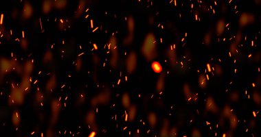 Gerçekçi sürrealist kor ateş tozu yavaşça siyah dumanla yükseliyor. Grunge koyu kıvılcımları izole uçuyor. Kıvılcımlar saçarak yanan küçük bir animasyon oluşturun. Cehennemin yükselen patlaması. Yangın tozu..