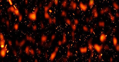 Gerçekçi sürrealist kor ateş tozu yavaşça siyah dumanla yükseliyor. Grunge koyu kıvılcımları izole uçuyor. Kıvılcımlar saçarak yanan küçük bir animasyon oluşturun. Cehennemin yükselen patlaması. Yangın tozu..