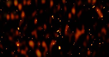 Gerçekçi sürrealist kor ateş tozu yavaşça siyah dumanla yükseliyor. Grunge koyu kıvılcımları izole uçuyor. Kıvılcımlar saçarak yanan küçük bir animasyon oluşturun. Cehennemin yükselen patlaması. Yangın tozu..
