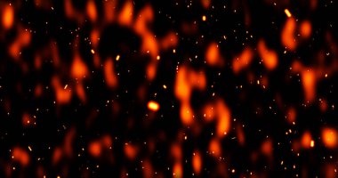 Gerçekçi sürrealist kor ateş tozu yavaşça siyah dumanla yükseliyor. Grunge koyu kıvılcımları izole uçuyor. Kıvılcımlar saçarak yanan küçük bir animasyon oluşturun. Cehennemin yükselen patlaması. Yangın tozu..