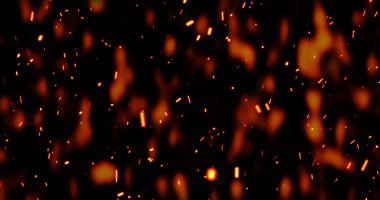 Gerçekçi sürrealist kor ateş tozu yavaşça siyah dumanla yükseliyor. Grunge koyu kıvılcımları izole uçuyor. Kıvılcımlar saçarak yanan küçük bir animasyon oluşturun. Cehennemin yükselen patlaması. Yangın tozu..