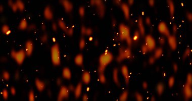 Gerçekçi sürrealist kor ateş tozu yavaşça siyah dumanla yükseliyor. Grunge koyu kıvılcımları izole uçuyor. Kıvılcımlar saçarak yanan küçük bir animasyon oluşturun. Cehennemin yükselen patlaması. Yangın tozu..
