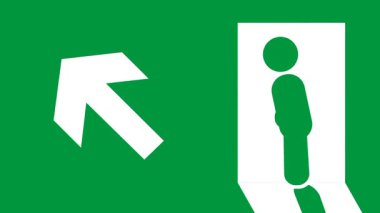 Bir acil çıkış işareti, sola doğru yürüyen bir figür, belirlenmiş kaçış rotasını ve güvenlik talimatlarını simgeliyor.