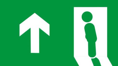 Yukarıya doğru yürüyen bir figür olan bir acil çıkış işareti. Acil bir durumda binayı terk etmek için belirlenmiş güvenli yönü simgeliyor.