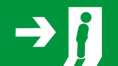 Sağa doğru yürüyen bir figür belirtilmiş kaçış rotasını ve ilerideki güvenli çıkış yolunu sembolize ediyor.