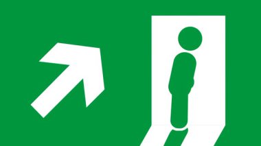 Açık yeşil bir işaret, acil bir durumda güvenli çıkış yönünü gösteren sağa doğru hareket eden insanları gösteriyor.