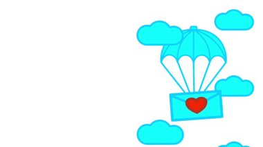 Mavi bir paraşüt kalp şeklinde bir paketi indirir, aşkı sembolize eder, yürekten mesajlar, ve gökyüzünden yavaşça inen duygusal destek