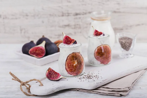 Homemade Healthy Yoghurt Glass Jars Figs Chia Seeds Rustic White — Stock Photo, Image