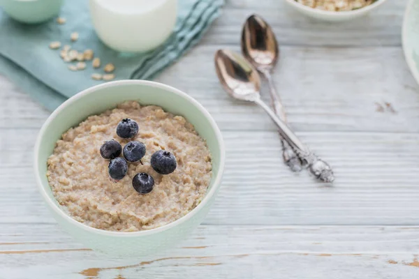 Oatmeal Porridge Bowl Berry Fruit Jam White Wooden Background Healthy — Stock Photo, Image