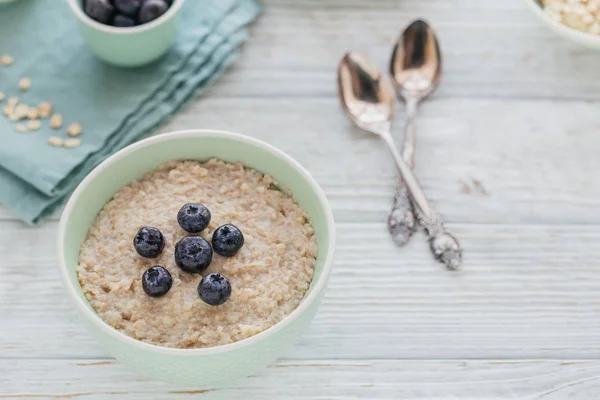 Oatmeal Porridge Bowl Berry Fruit Jam White Wooden Background Healthy — Stock Photo, Image