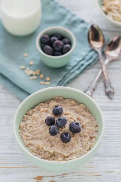 Oatmeal Porridge Bowl Berry Fruit Jam White Wooden Background Healthy — Stock Photo, Image