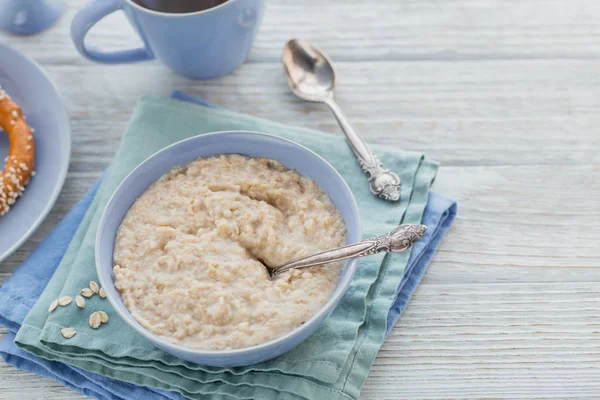 Oatmeal Porridge Bowl White Wooden Background Healthy Nutritious Breakfast Concept — Stock Photo, Image