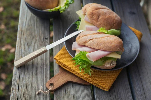 Duas Sanduíches Baguete Ciabatta Fresca Com Presunto Queijo Alface Sobre — Fotografia de Stock