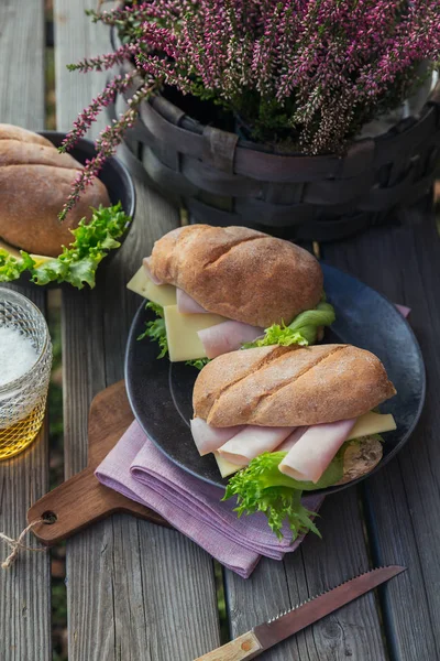 Zwei Frische Ciabatta Baguette Sandwiches Mit Schinken Käse Und Salat — Stockfoto