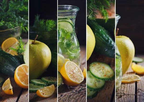 Collage Diferentes Imágenes Verduras Verdes Manzana Aguacate Pepino Limón Agua — Foto de Stock