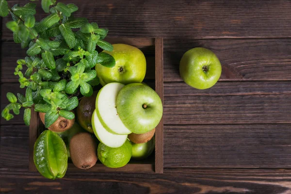 Fondo Alimentario Saludable Concepto Comida Saludable Frutas Verdes Frescas Sobre — Foto de Stock