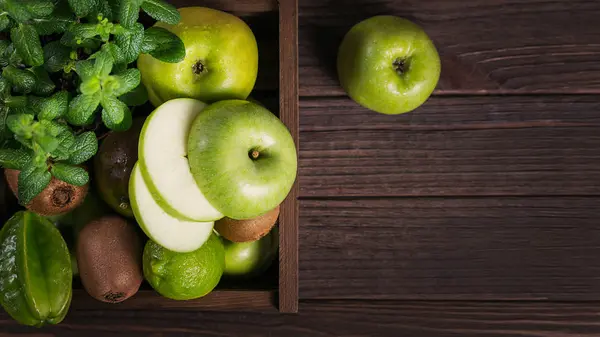 Fondo Alimentario Saludable Concepto Comida Saludable Frutas Verdes Frescas Sobre — Foto de Stock