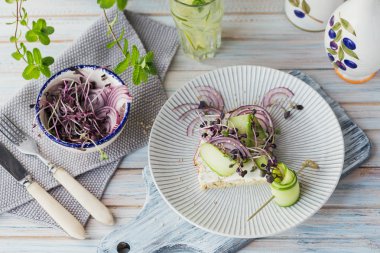 Sağlıklı vejetaryen bruschettas ekmek, mikro yeşillik, peynir ile,