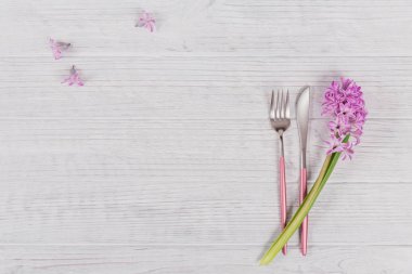 Mor sümbül çiçeği ve keten ile pembe rustik masa ayarı 