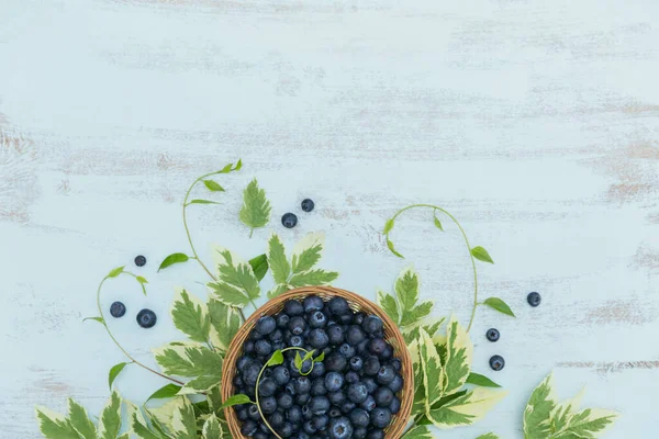 Frische Blaubeeren Korb Mit Blättermuster Von Oben Gesundes Essen Auf — Stockfoto