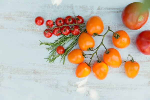 Varios Tomates Coloridos Hierba Romero Sobre Fondo Azul Claro Vista — Foto de Stock