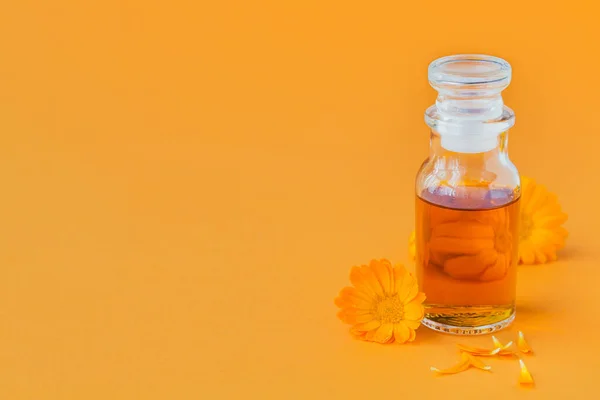 Natural cosmetic oil, tincture or infusion with calendula flowers on orange background. Healthy skin care. Aromatherapy, spa and wellness concept