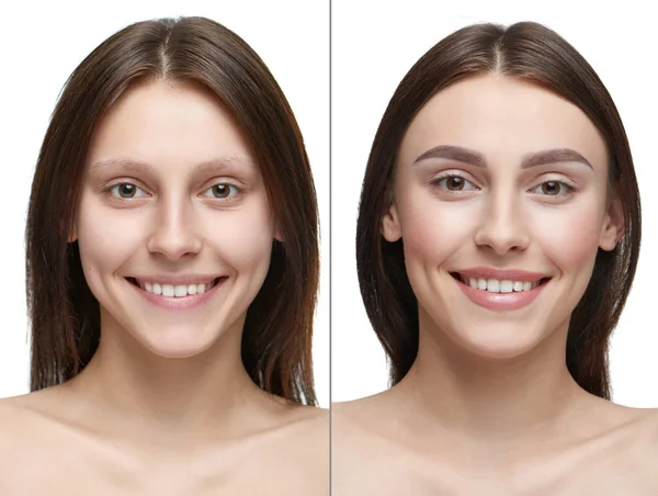 Comparison of a girl with make up and without make up. — Stock Photo, Image