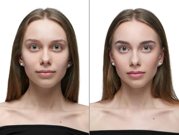 One girl before and after make up. — Stock Photo, Image