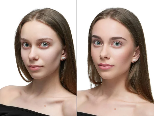 Comparação de uma menina antes e depois compõem . — Fotografia de Stock
