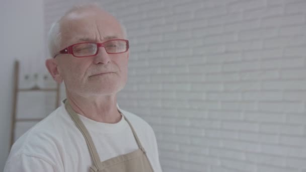 Viejo pintor concentrado mirando su piedad . — Vídeo de stock