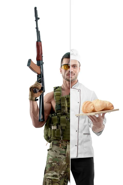 Foto vergelijking van chef-kok en moderne soldaat uniform. — Stockfoto