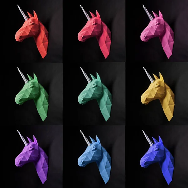 Collage de 9 cabezas de papel de colores unicornio . — Foto de Stock