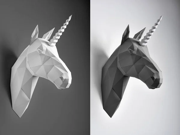 Kontrast collage av svarta och vita papper unicorn huvuden. — Stockfoto