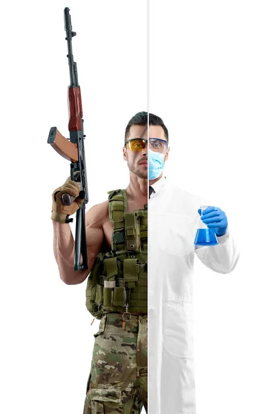 Photo comparison of chemist and modern soldiers outlook. — Stock Photo, Image