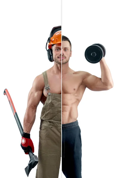Photo comparison of woodcutter and bodybuilder. — Stock Photo, Image